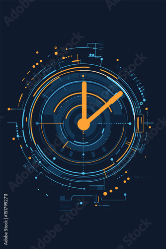 An innovative digital clock design featuring bright blue and orange elements against a dark background. Ideal for themes of technology, time, and efficiency.