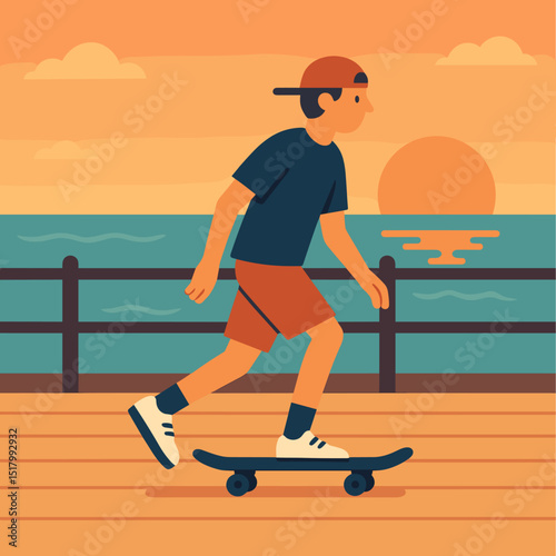 A vibrant illustration of a young boy skateboarding along a wooden boardwalk at sunset. The serene ocean background and warm colors create a relaxing ambiance.
