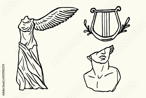 Greek sculpture set ink sketch vector illustration