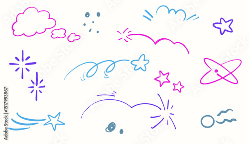 手書きの星や流れ星。キラキラや惑星の漫符　あしらい漫符アイコンセット　ベクターカラー