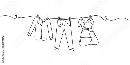 Continuous one line drawing of laundry hang on clothline. Vector illustration, Hand drawn hanging laundry, Family with two children represented by their clothes drying outside in a casual setting.