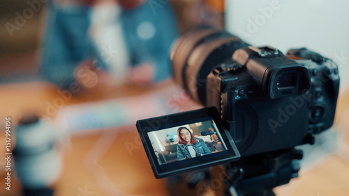 Slika na platnu Woman, influencer and video camera with screen for recording, online streaming or live tutorial