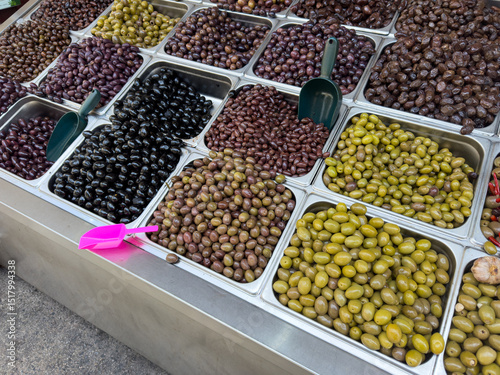 Various olives at a Greek weekly market