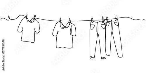 Continuous one line drawing of laundry hang on clothline. Vector illustration, Hand drawn hanging laundry, Family with two children represented by their clothes drying outside in a casual setting.