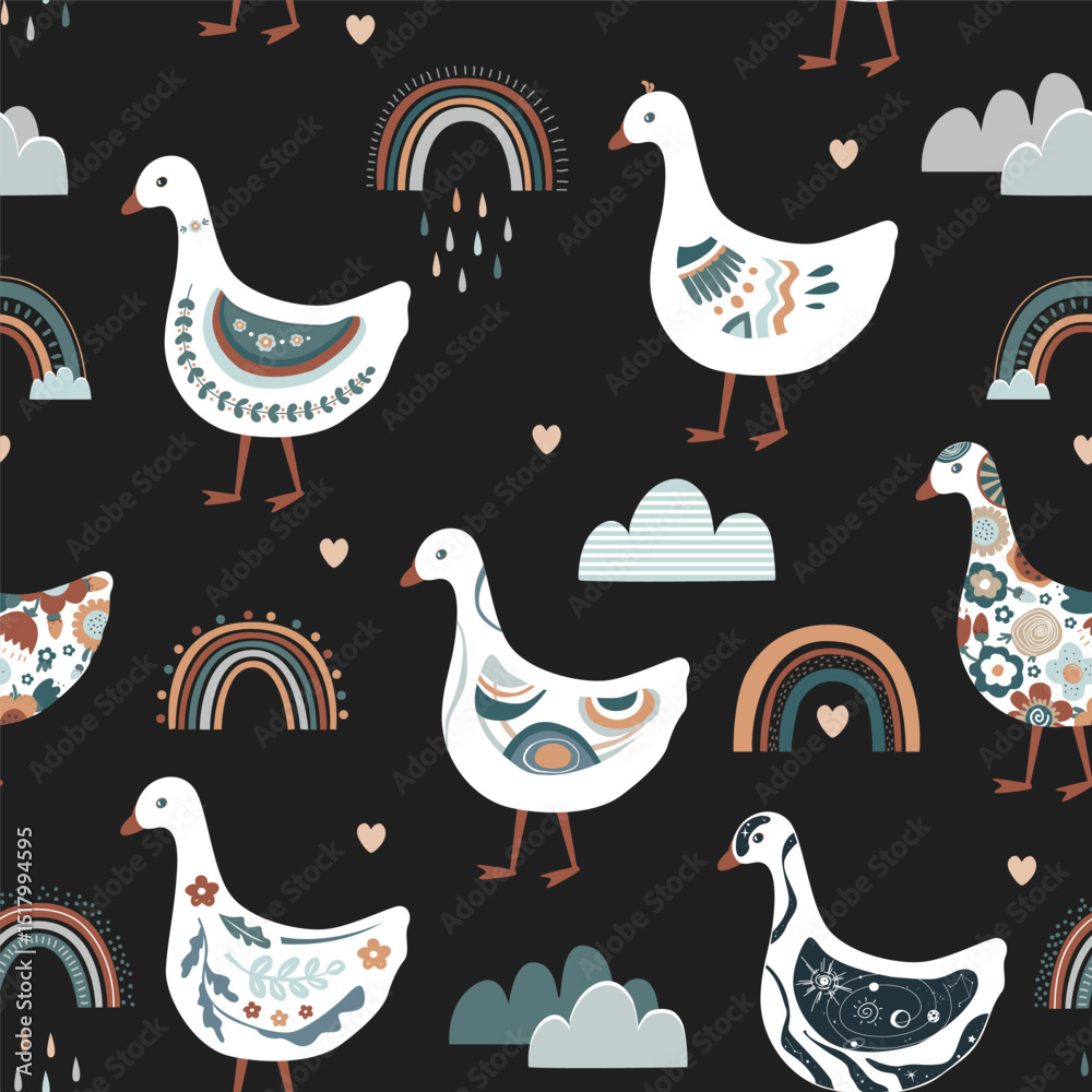 Fototapeta premium Cute abstract painted cartoon geese seamless pattern. Doodle patterned goose collection. Rustic, nursery, folk, or Scandinavian style. Vector background