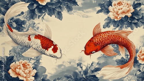 Two koi fish swimming amidst floral patterns.