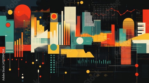 Abstract cityscape illustration with geometric shapes, data visualizations, and vibrant colors.