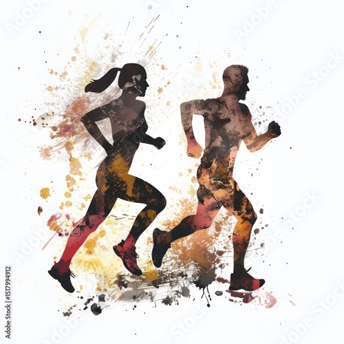 running men and women, silhouettes, vector, white background