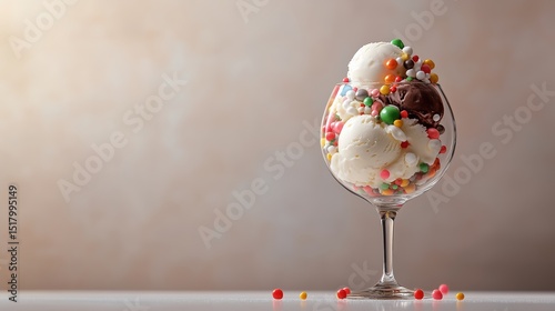A clear wine glass filled with scoops of vanilla and chocolate ice cream, adorned with an assortment of colorful candy decorations on the beige background.