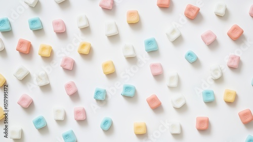 A collection of pastel-colored marshmallows scattered randomly on a white surface.