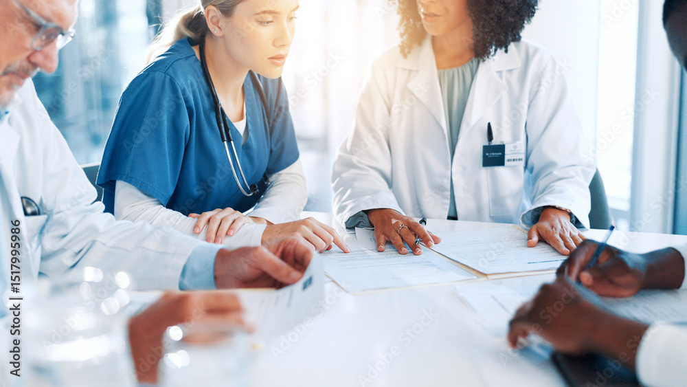 custom made wallpaper toronto digitalHealthcare, doctors and nurses with documents in meeting, diagnosis feedback and collaboration. Teamwork, employees and surgeon with paperwork for medical treatment, planning and talking in clinic