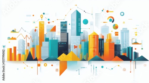 Abstract cityscape with data visualizations representing growth, progress, and innovation.
