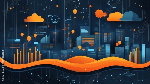 Abstract cityscape with data visualization elements, depicting digital transformation and technological advancement.