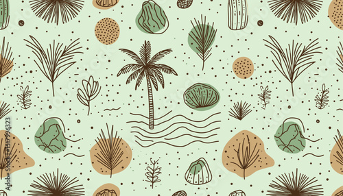seamless vector pattern with tree, rocks and organic shapes