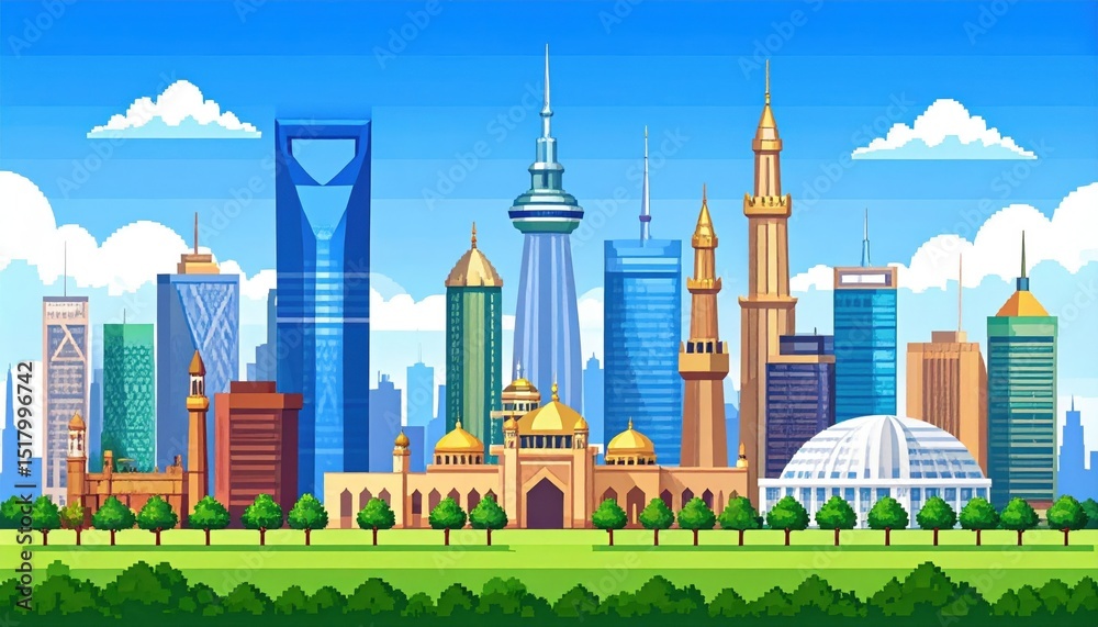 Obraz premium Pixel Art Cityscape Skyline With Modern Buildings And Mosques
