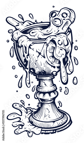 Modern Hand-Drawn Illustration of a Goblet with Liquid Overflowing