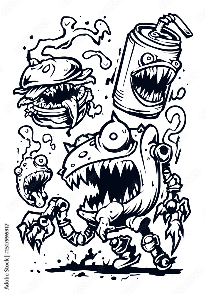 Obraz premium Unique Hand-Drawn Modern Illustration of Whimsical Monster Characters