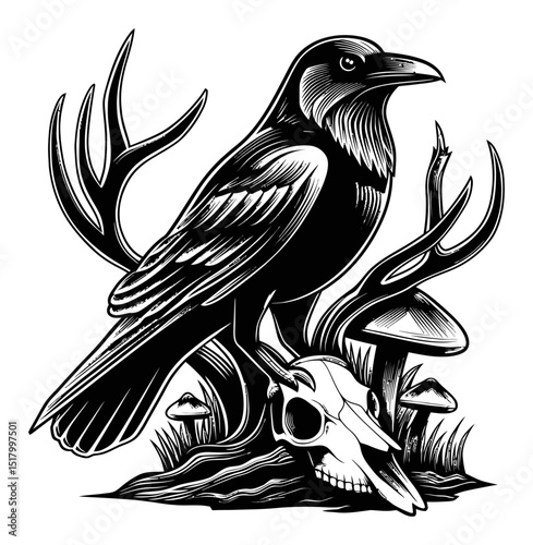 Intricate Linocut Engraving of a Crow with Antlers and Mushroom Details