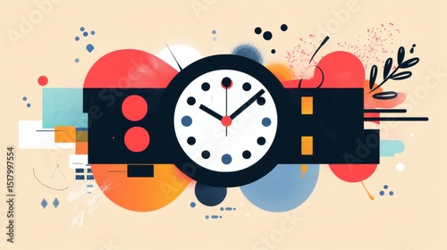 Abstract clock design with vibrant colors and geometric shapes.
