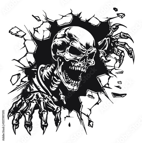 Skull Emerging from Cracked Wall in Bold Black and White Design