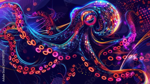 Glowing octopus with vibrant tentacles and geometric shapes on dark pop art background.