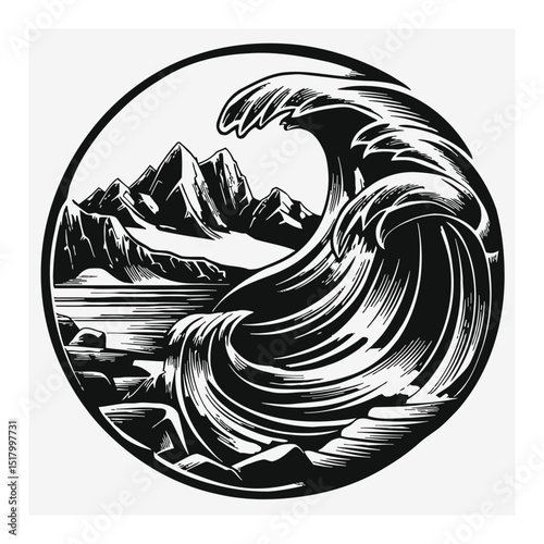 Intricate Linocut Art Featuring Waves and Mountain Landscape Design