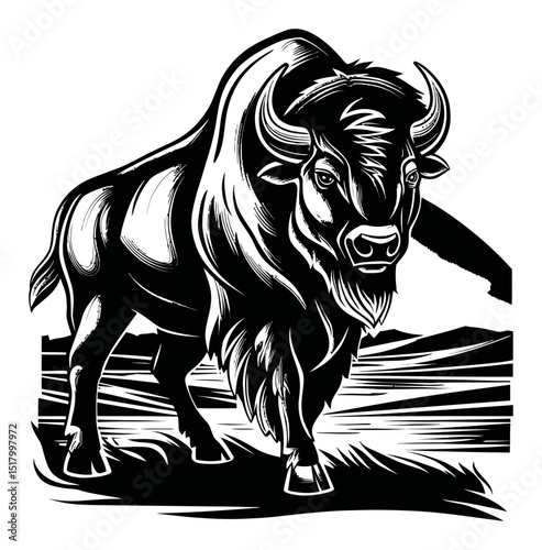 Majestic Buffalo Engraving in Bold Black and White Linocut Style Art