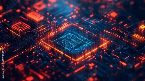 Abstract close-up of a glowing circuit board with a central processor.