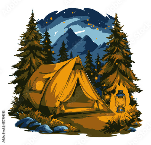 Modern Hand-Drawn Illustration of a Camping Scene in Nature with Lantern