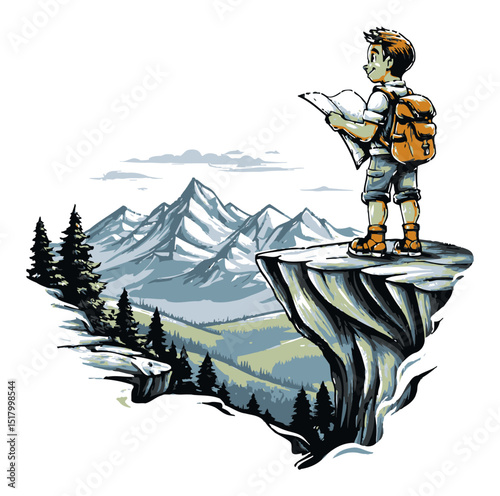 Boy with Map Standing on Cliff Overlooking Mountains and Forest Landscape