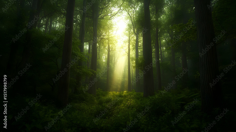 Fototapeta premium Sunlight Filtering Through Misty Forest