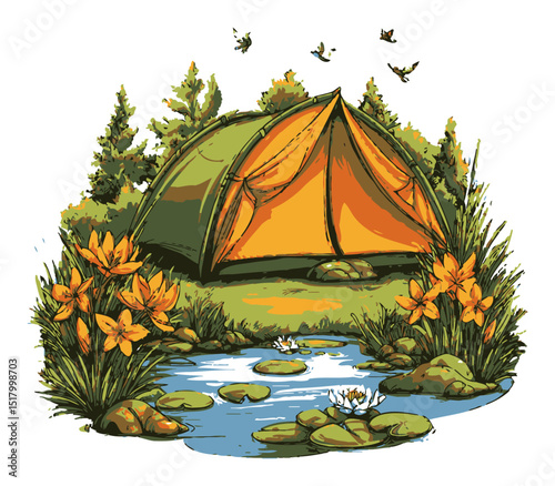 Hand-Drawn Modern Vector Illustration of Camping Scene in Nature