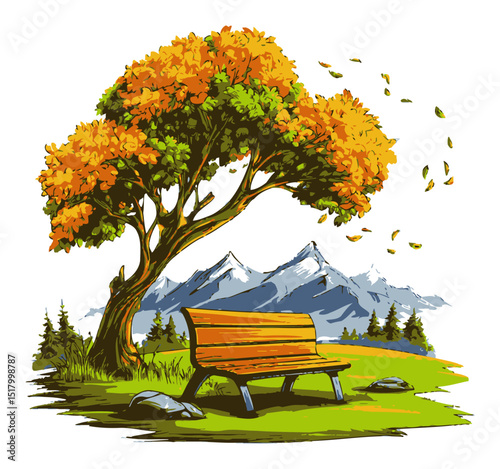 Vibrant Hand-Drawn Illustration of Autumn Tree and Bench in Modern Vector Style