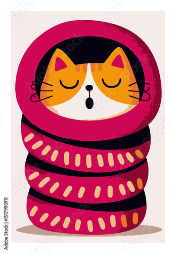 Cute Modern Doodle Illustration of Cat Nestled in Colorful Matryoshka Doll