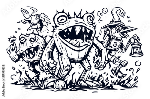 Hand-Drawn Modern Illustration of Quirky Creatures in a Fantasy Setting