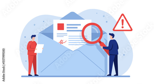 A digital illustration depicts two small-scale human figures interacting with an oversized light blue envelope