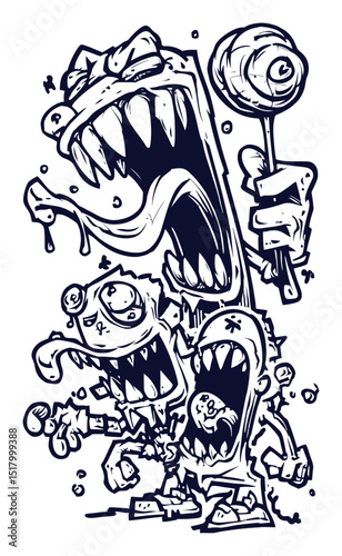 Modern Hand-Drawn Illustration of Playful Cartoon Monsters with Expressions