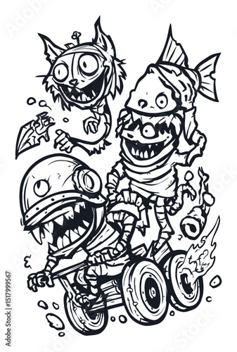 Whimsical Hand-Drawn Illustration of Quirky Monsters Riding a Vehicle