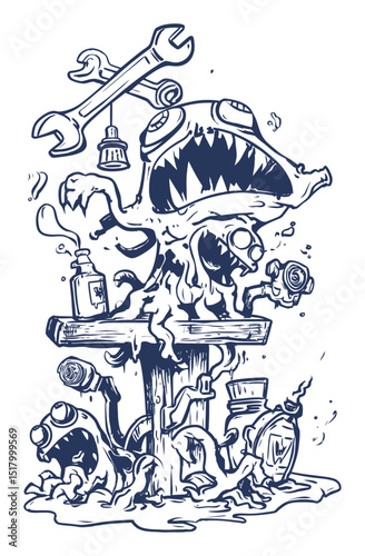 Whimsical Monster Character with Tools in Modern Hand-Drawn Illustration