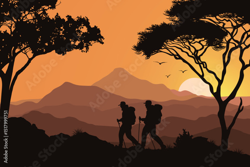 Silhouetted Hikers Walking on a Mountain Trail at Sunset with Backpacks and Trekking Poles. Rolling Hills, Trees, and a Glowing Setting Sun on the Dusk Horizon. Scenic Nature Landscape Illustration.
