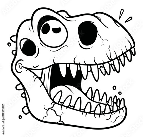 Whimsical Dinosaur Skull Illustration in Linocut Style and Black Lines