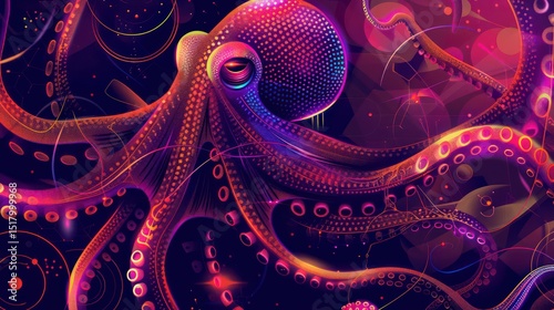 Glowing octopus with vibrant tentacles and geometric shapes on dark pop art background.