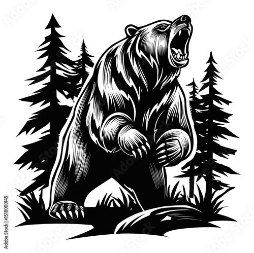 Bold Engraving of a Roaring Bear Surrounded by Tall Pine Trees