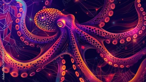 Glowing octopus with vibrant tentacles and geometric shapes on dark pop art background.