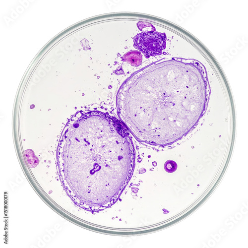 Close-up microscopic view of human ovum cells in a petri dish showing detailed cellular structures and reproductive biology with violet staining