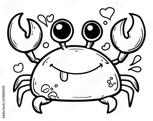 Playful Cartoon Crab with Big Eyes and Happy Expression in Black and White