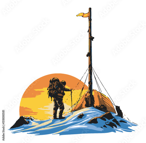 Adventurer Reaching Summit with Flag Against Mountainous Sunset Background