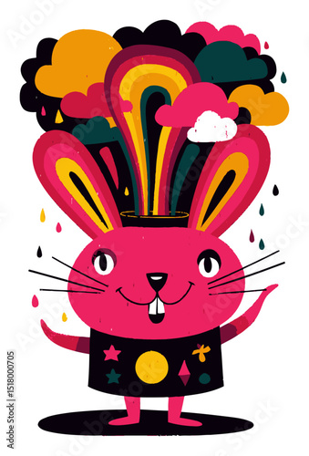 Colorful Modern Doodle Illustration of a Happy Rabbit with Vibrant Elements