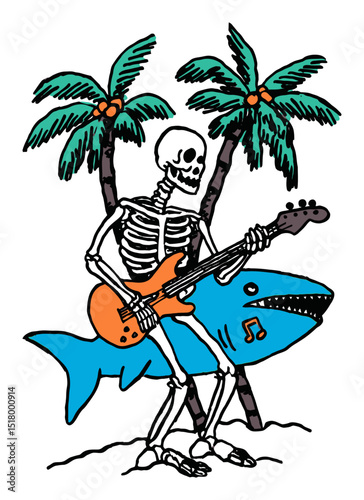 Creative Hand-Drawn Skeleton Playing Guitar on Shark Under Palm Trees