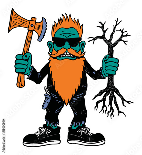 Bold Hand-Drawn Doodle of a Modern Cartoon Character with Axe and Branch
